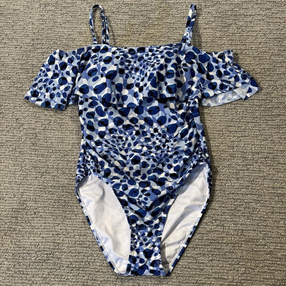 Tahari Blue Print Fully Lined Swimsuit Ruffled,‎ size Large